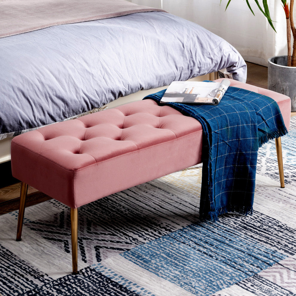 Button Tufts Bedroom Bench, Pink-Velvet