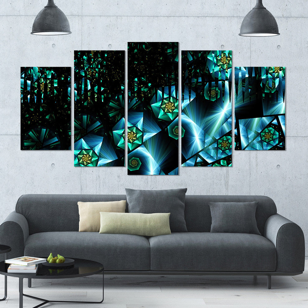 Bright Blue Fractal Flowery Sky, Contemporary Wall Art Canvas, 60"x32", 5 Panels