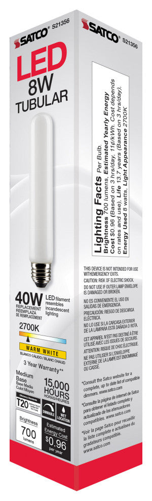 8W T9 LED, Frost, Medium Base, 90 CRI, 2700K, 120V