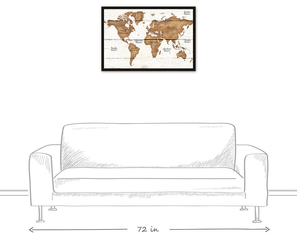 Distressed Wood World Map Walnut Floating Framed Canvas, 20"x30"