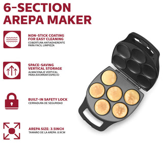 Arepa Maker - Non-Stick 6-Section Multi-Food Maker - Make Delicious Arepas, Matte Black