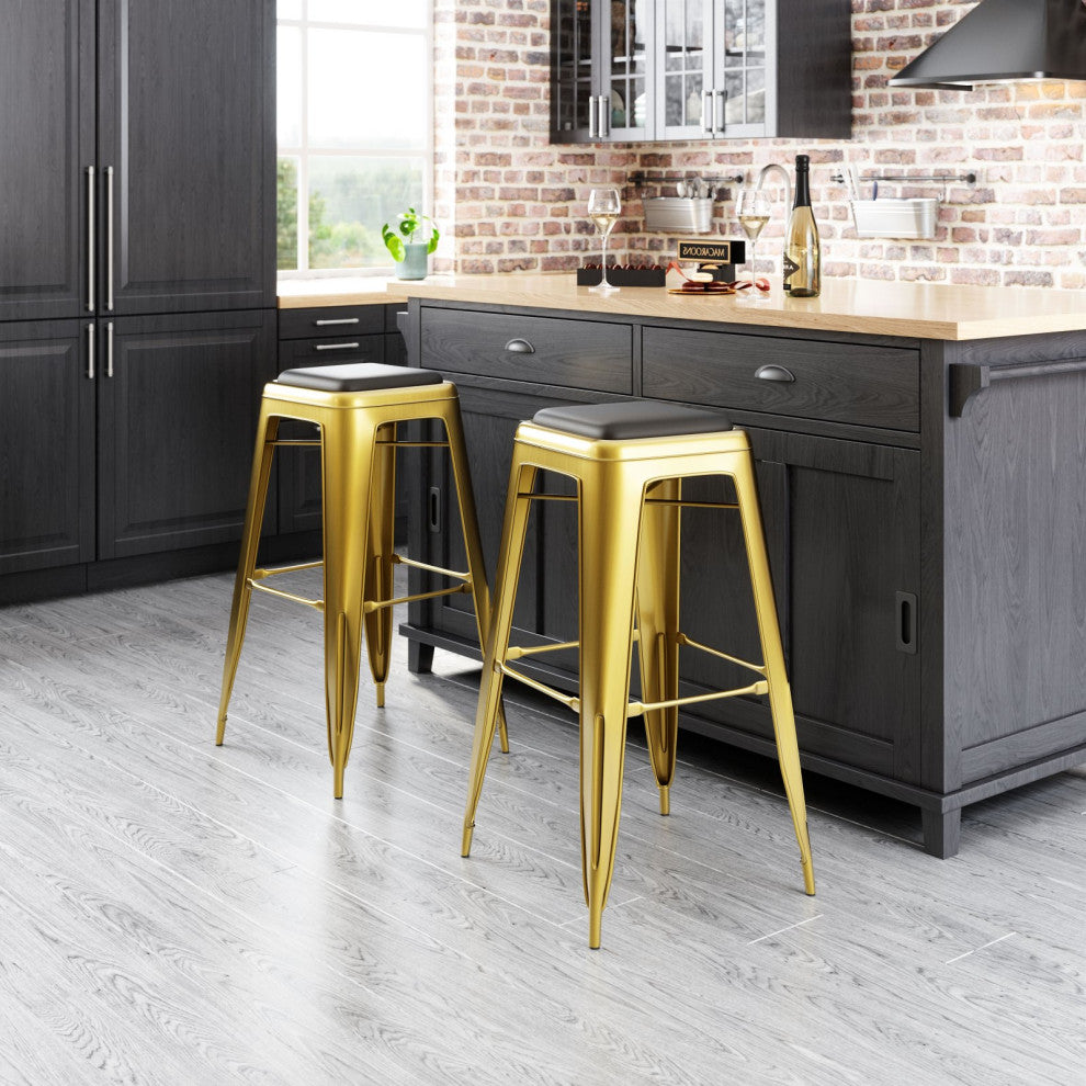 Bar Stool Chair Barstool, Set of 4, Steel Metal, Brass, Gold, Cafe Bistro