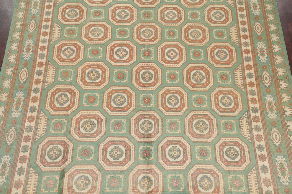 Pakistani Hand-Knotted Kazak Traditional Oriental Area Rug, Green, 10'2"X8'1"