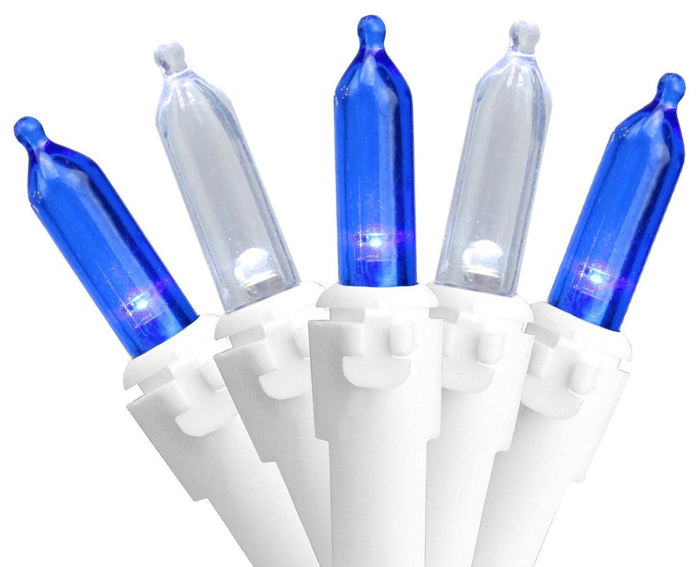 Set of 50 Blue & Pure White LED Mini Christmas Lights 4" Spacing - White Wire