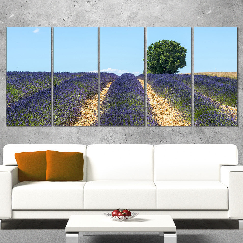 Beautiful Rows of Lavender in France, Landscape Canvas Art, 60"x28", 5 Panels