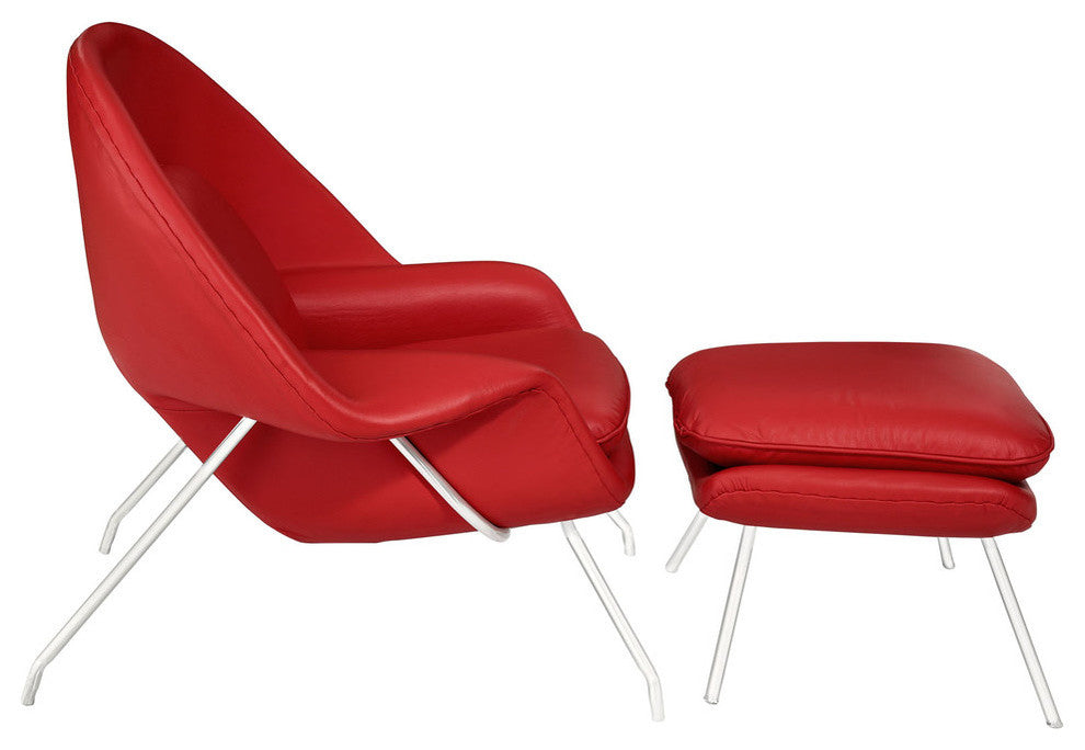 Modern Contemporary Living Room Leather Lounge Chair and Ottoman Red