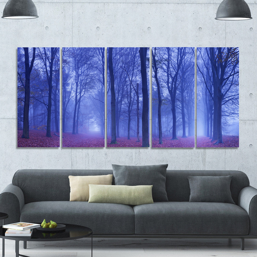 Two Paths in Foggy Blue Forest, Landscape Canvas Art Print, 60"x28", 5 Panels