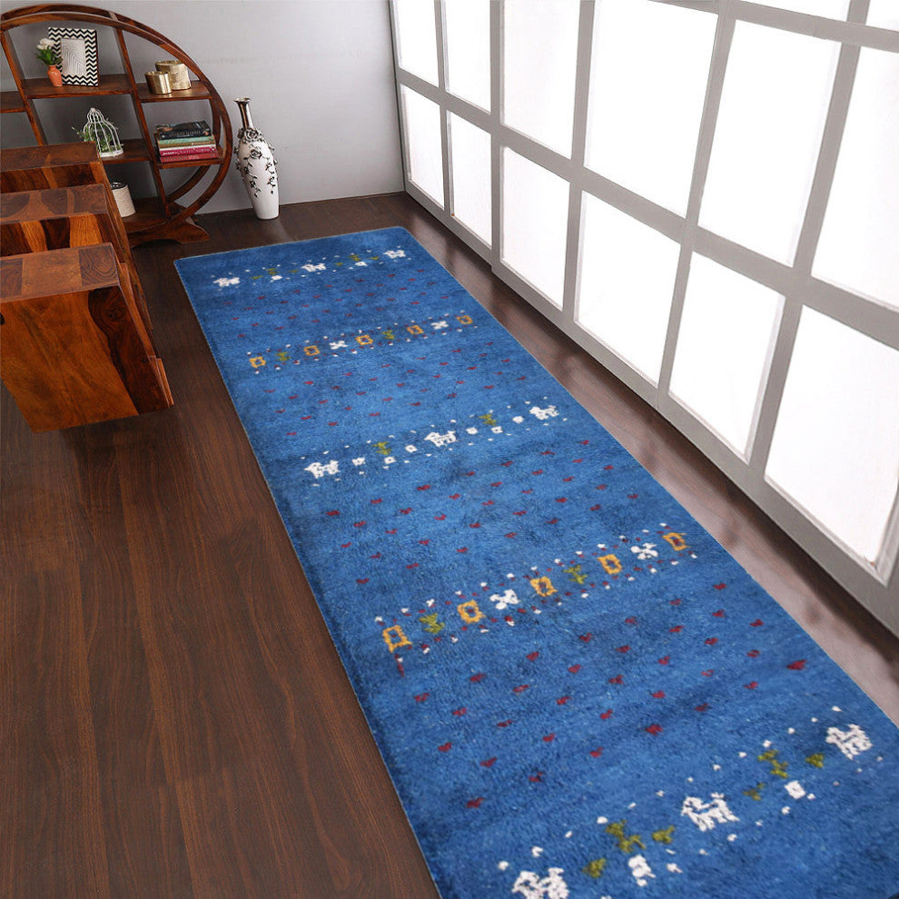HAND KNOTTED LOOM SILK ECO-FRIENDLY AREA RUG -2'6''x12',Runner,Blue,Contemporary