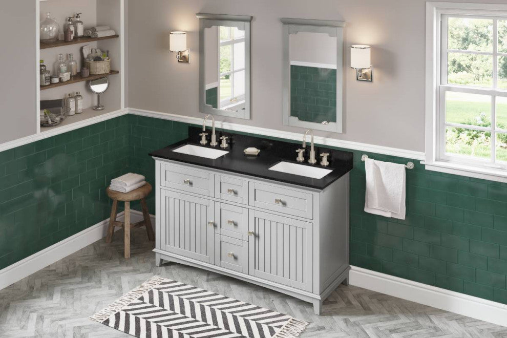 Savino Modern 60" Grey Double Sink Vanity, Black Granite Vanity Top
