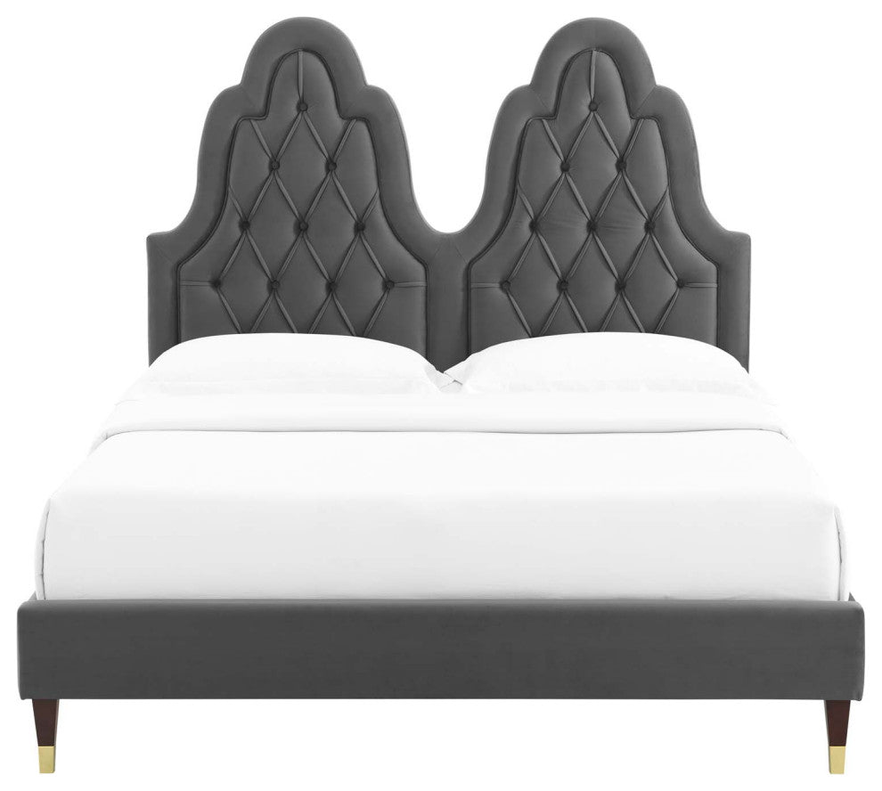 Tufted Platform Bed Frame, King Size, Velvet, Gray, Modern Contemporary