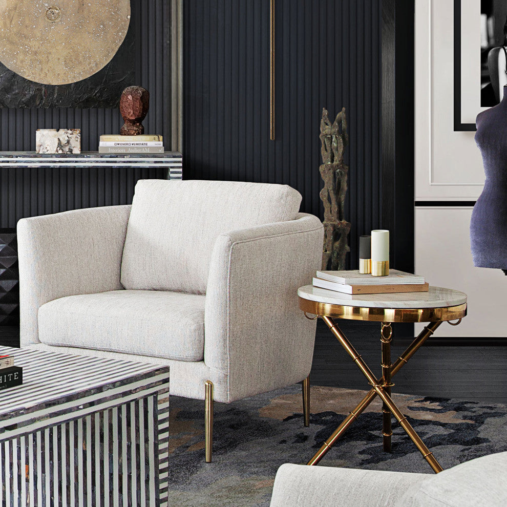Reed Round Accent Table With Marble Top, Gold
