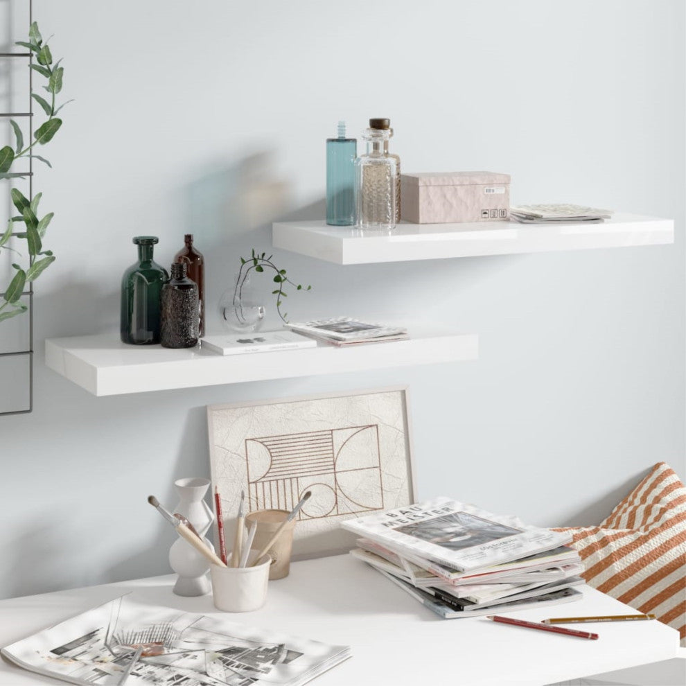 vidaXL Floating Wall Shelves 2-Piece High Gloss White 23.6"x9.3"x1.5" MDF
