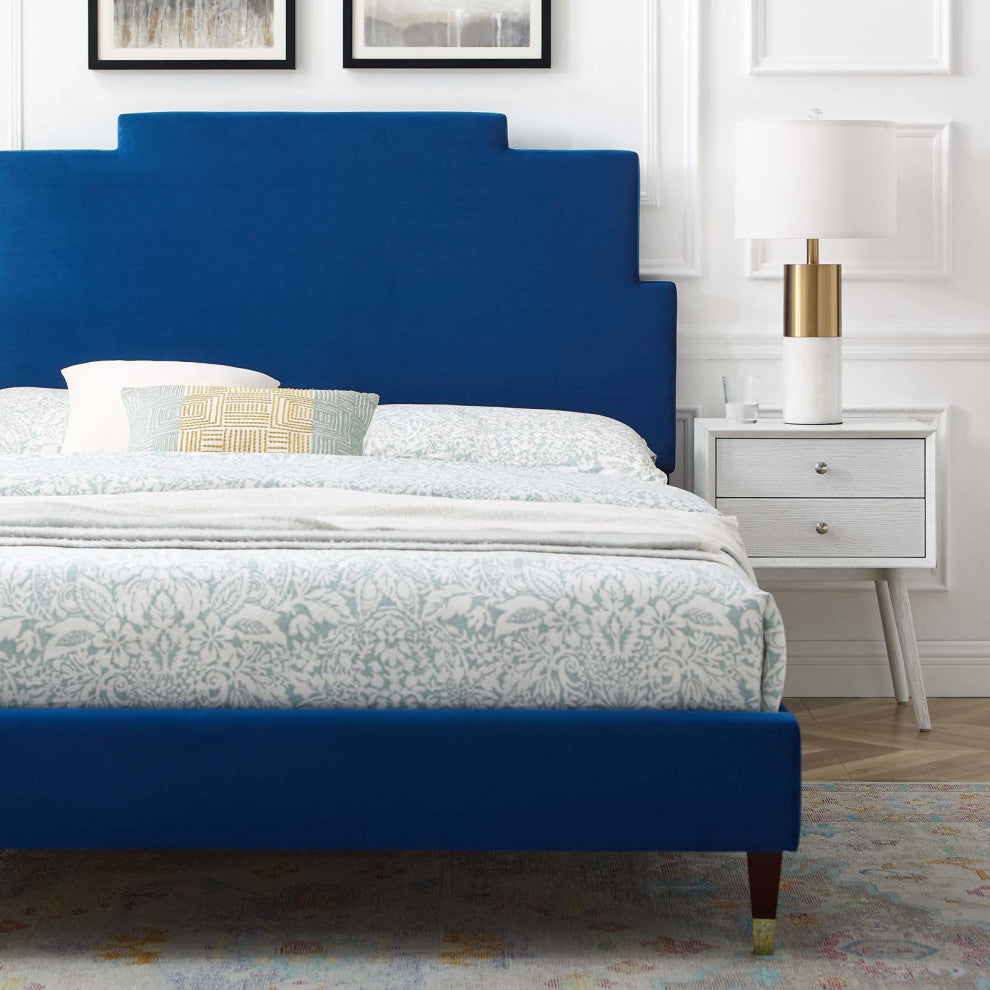 Platform Bed Frame, Queen Size, Velvet, Blue Navy, Modern Contemporary, Bedroom