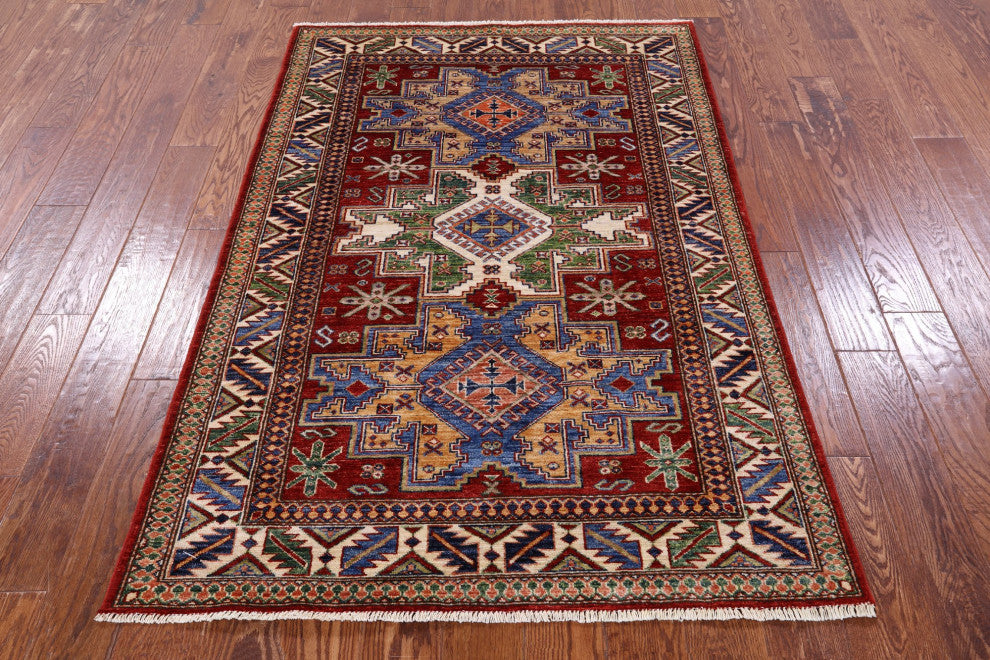 Super Kazak Geometric Handmade Wool Rug 4' 0" X 5' 11" Q10531