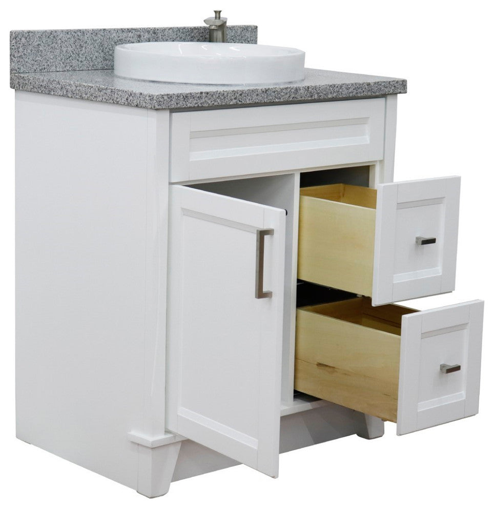 31" Single Sink Vanity, White Finish With Gray Granite With Round Sink