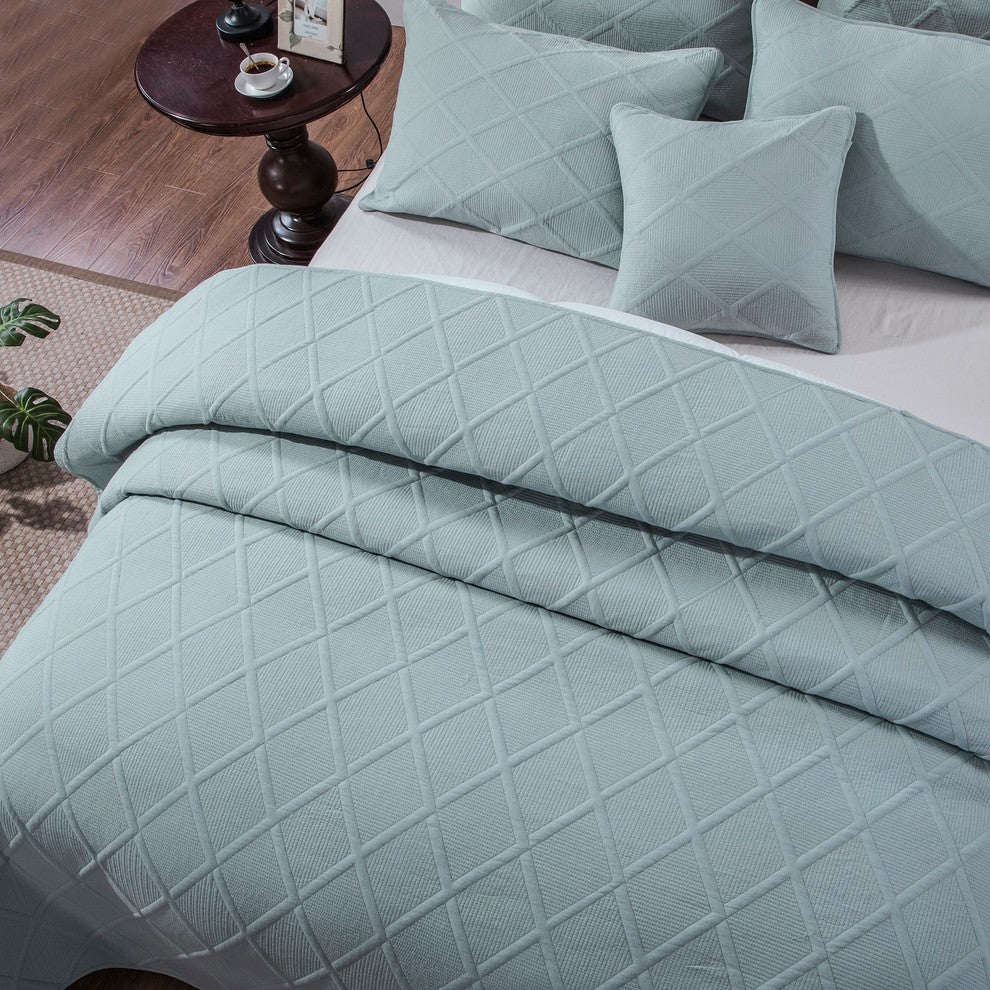 Seafoam Blue Diamond Pastel Cotton Bedspread Set, Queen