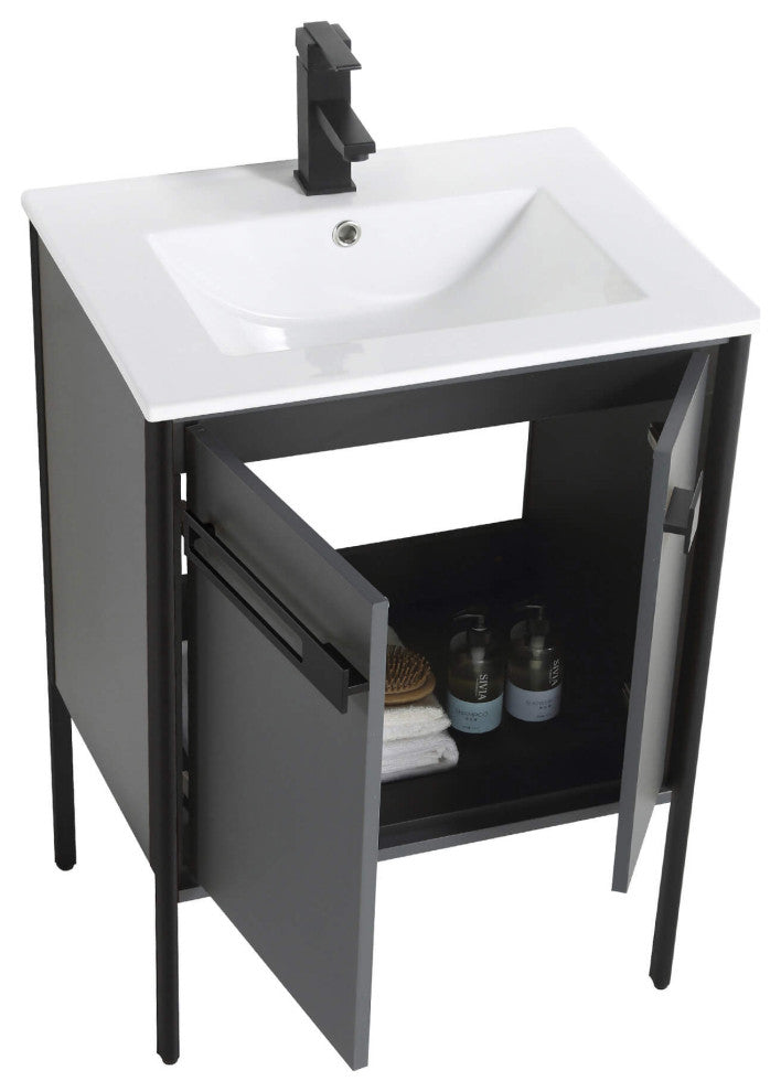 Oakville Bath Vanity, Ceramic Sink, Onix Grey, 24 Inch, Black Hardware
