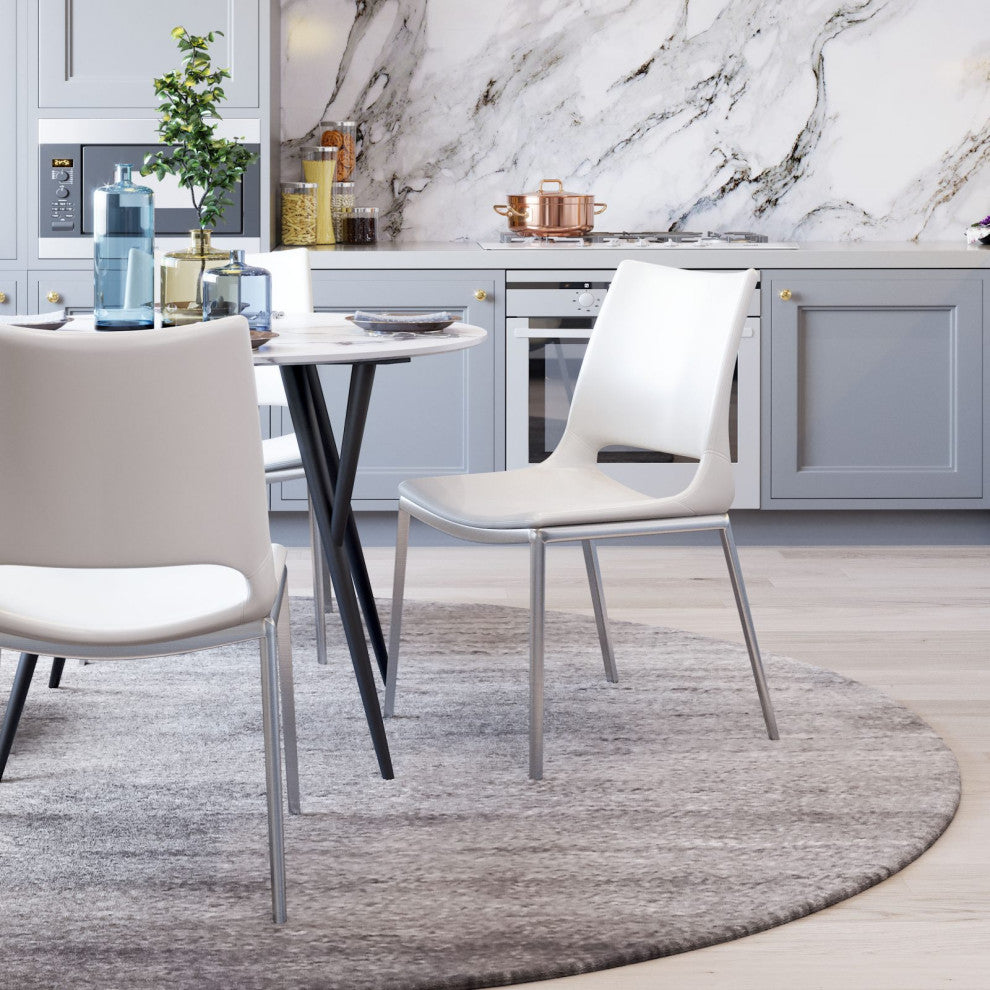 Dining Chair, Set of 2, Faux Vinyl Leather, Steel, White, Silver, Cafe Bistro