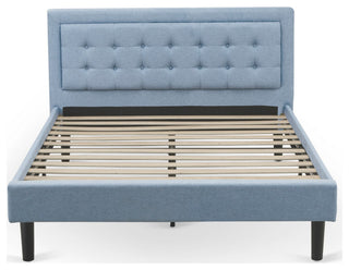 3-Piece Platform Bed Set, 1 Queen Bed Frame, 2 Night Stands Denim Blue Fabric
