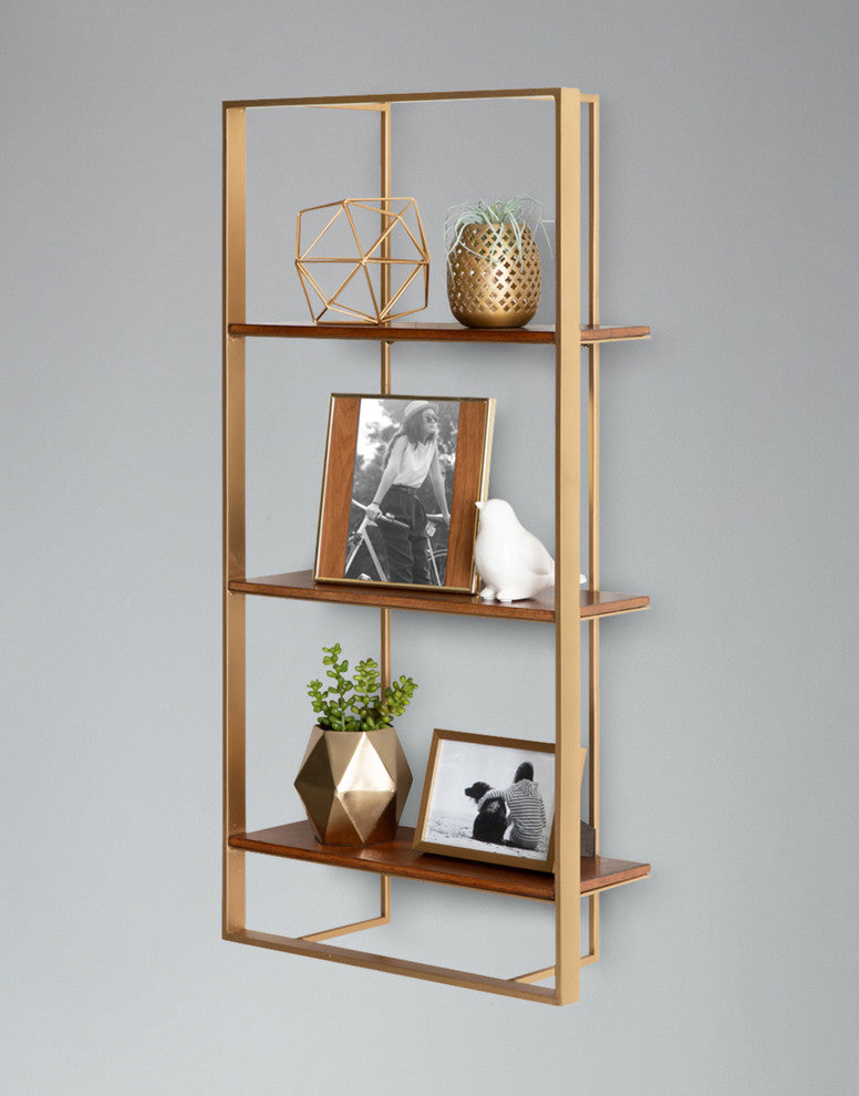 Kercheval Modern Wood Shelf, Walnut Brown/Gold 15x32