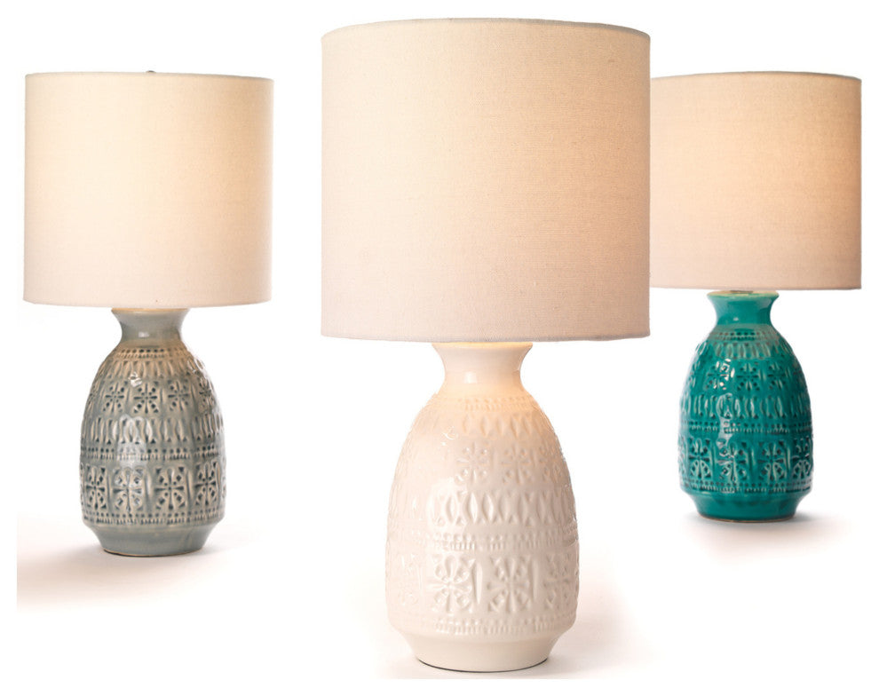 Frieze Table Lamp, White Ceramic With Drum Shade, White Linen