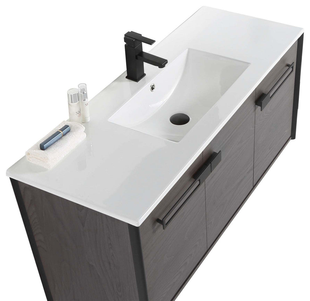 Oakville Wall Mount Bathroom Vanity, Black Coal Oak, 48", Black Hardware