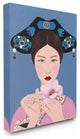 Chinese Woman And Flower Pink Blue Painting, 30"x40"