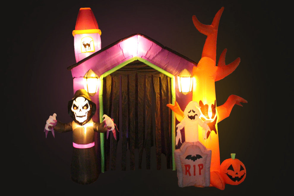 8.5' Tall Halloween Inflatable Haunted House Skeleton Ghost and Tombstone