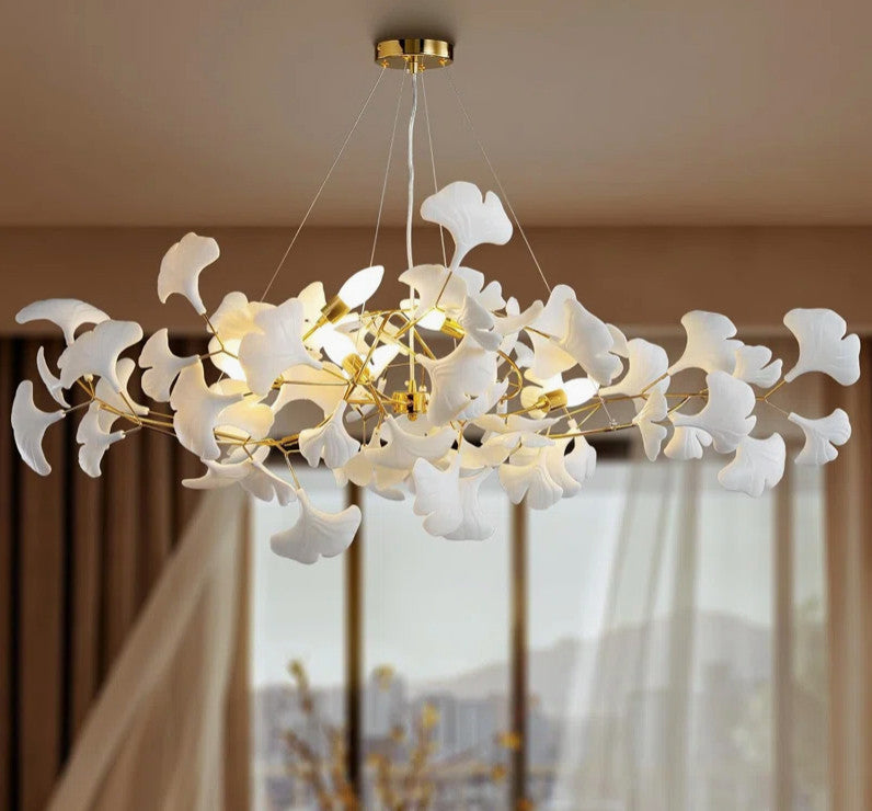 Ceramic Ginkgo Leaf Tree Branch Chandelier Lighting, L59"