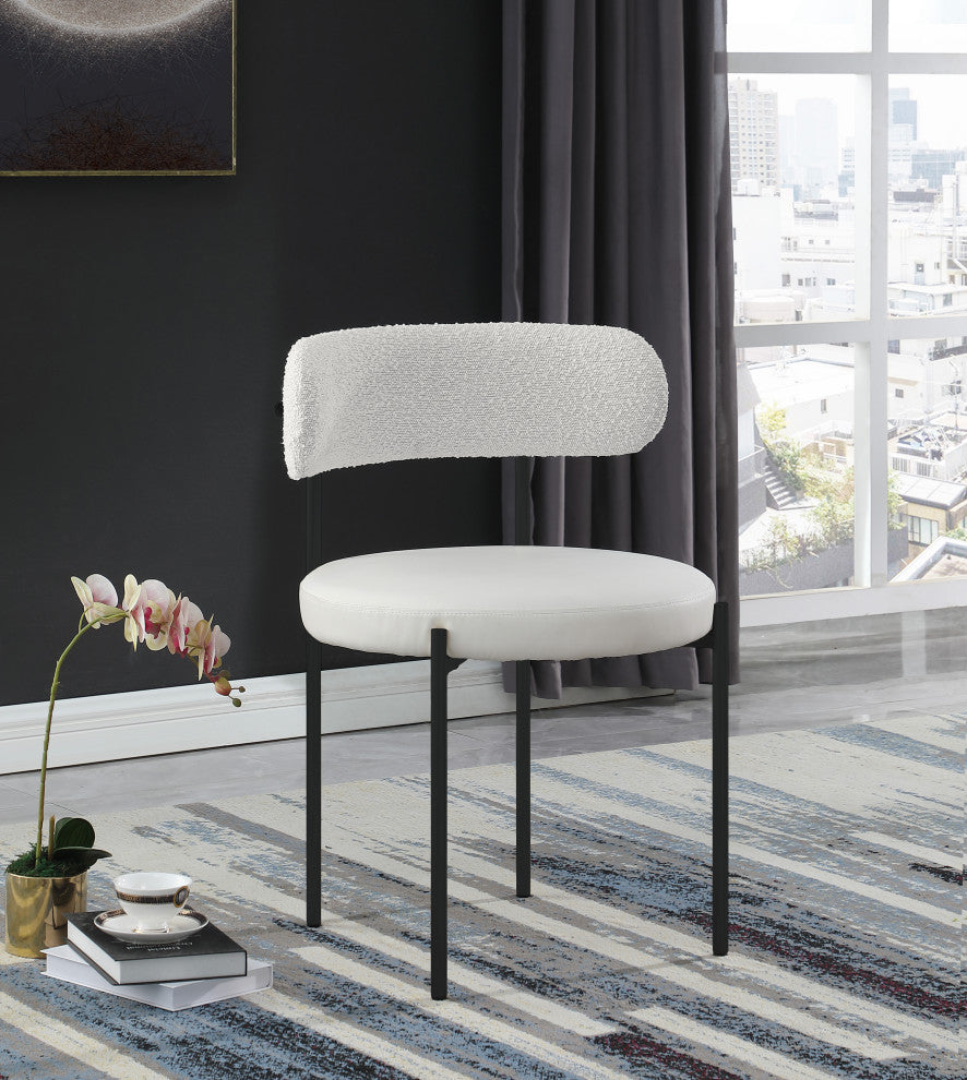 Beacon Dining Chair, Set of 2, Cream, Vegan Leather and Boucle Fabric, Matte Black Finish
