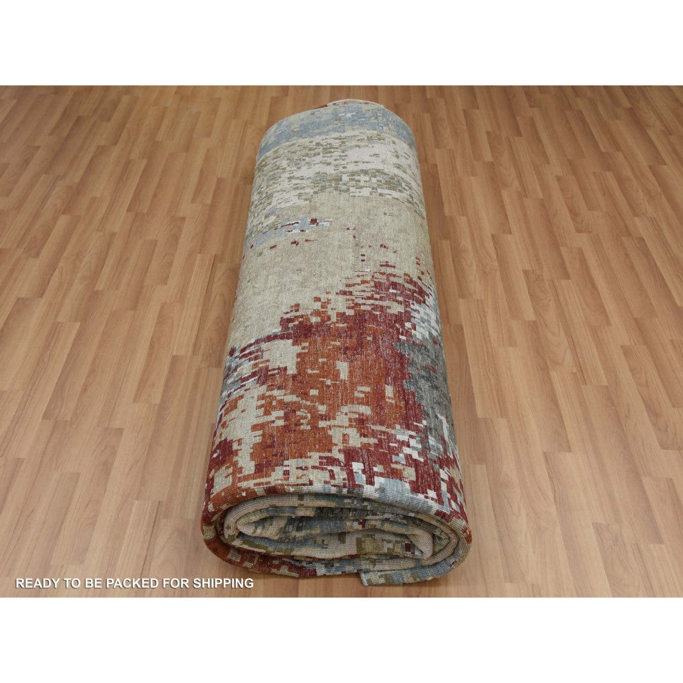 Bone Gray Natural Wool Hand Knotted Abstract Design Oriental Rug, 10'0"x14'2"