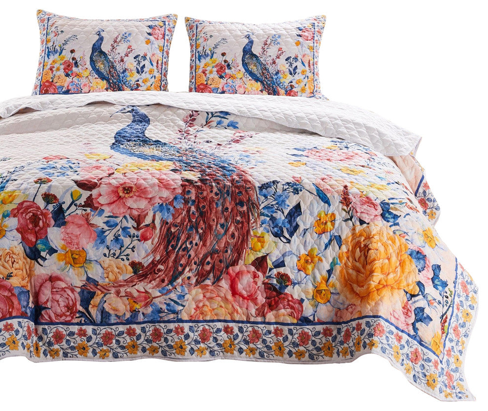 Benzara BM280421 3 Piece Full Quilt Set, Peacock, Floral Print, Multicolor