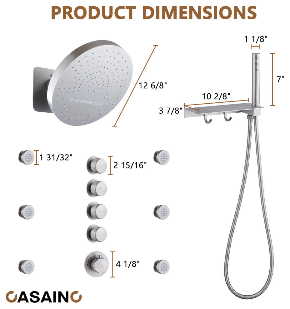 12inch Adjustable Shower Head With Shelf and Spray Gun Function, Brushed Nickel