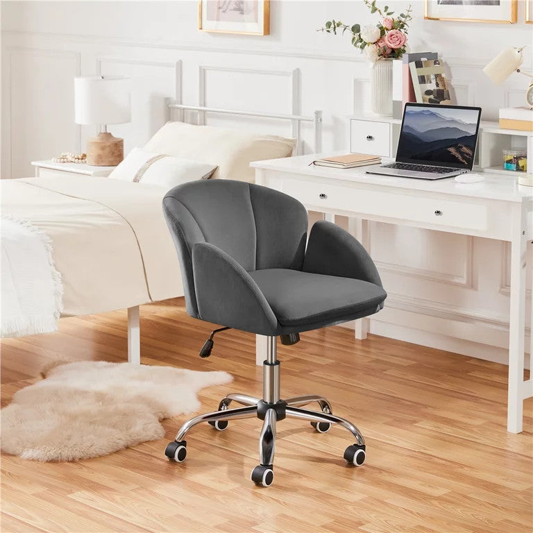 Set of 2 Office Chair, Silver Base With Channel Stitched Velvet Seat, Dark Gray