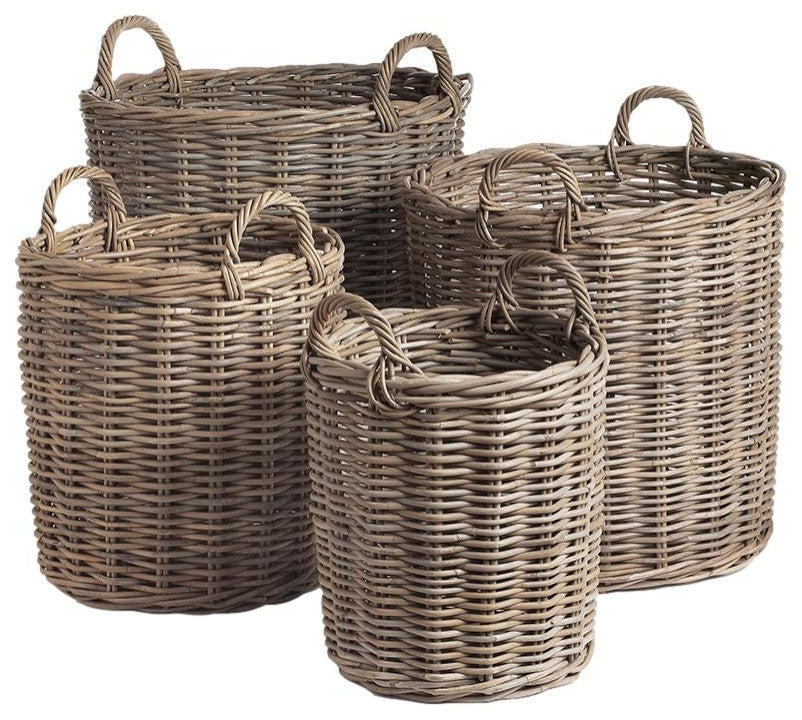 Set of 4 Large Rattan Cane Storage Baskets Round with Handles Laundry Wicker