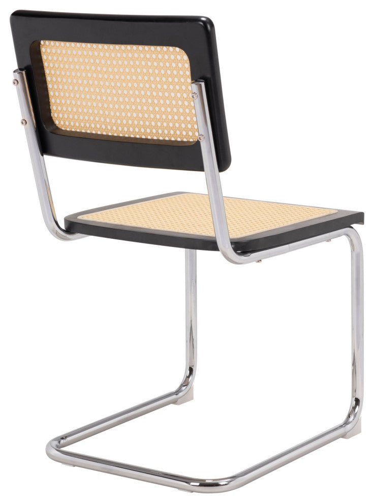 Dining Chair, Set of 2, Steel Metal, Wood, Natural, Black, Chrome, Mid Century