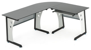 GDF Studio Orion L Shaped Office Desk with Tempered Glass Top