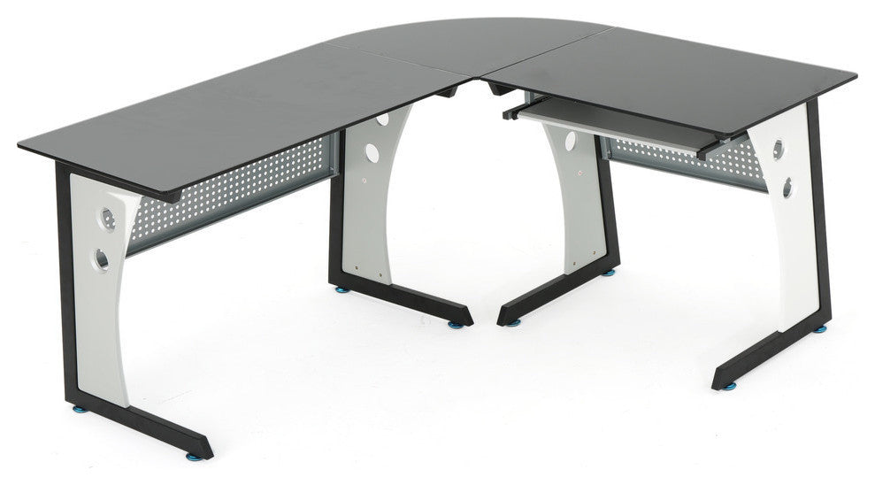 GDF Studio Orion L Shaped Office Desk with Tempered Glass Top