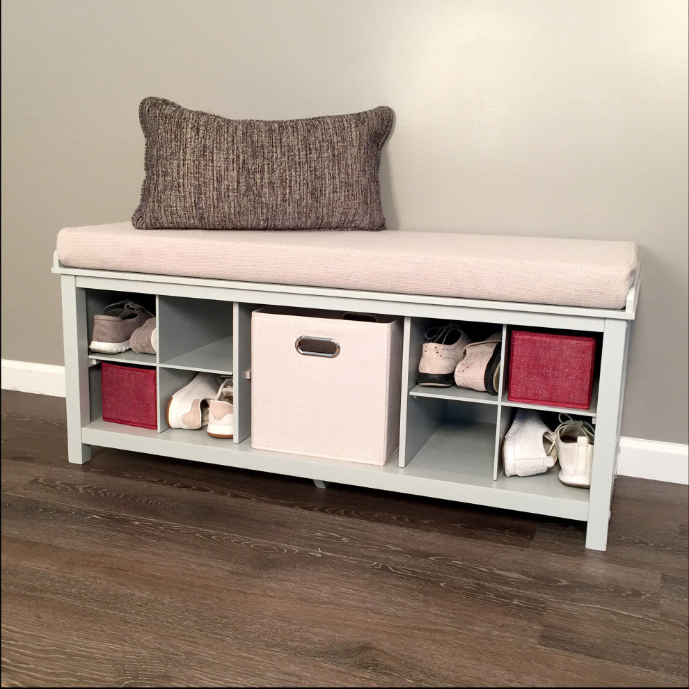 Solid Wood Entry Bench with 1 Bin and 2 Shoe Dividers, Grey