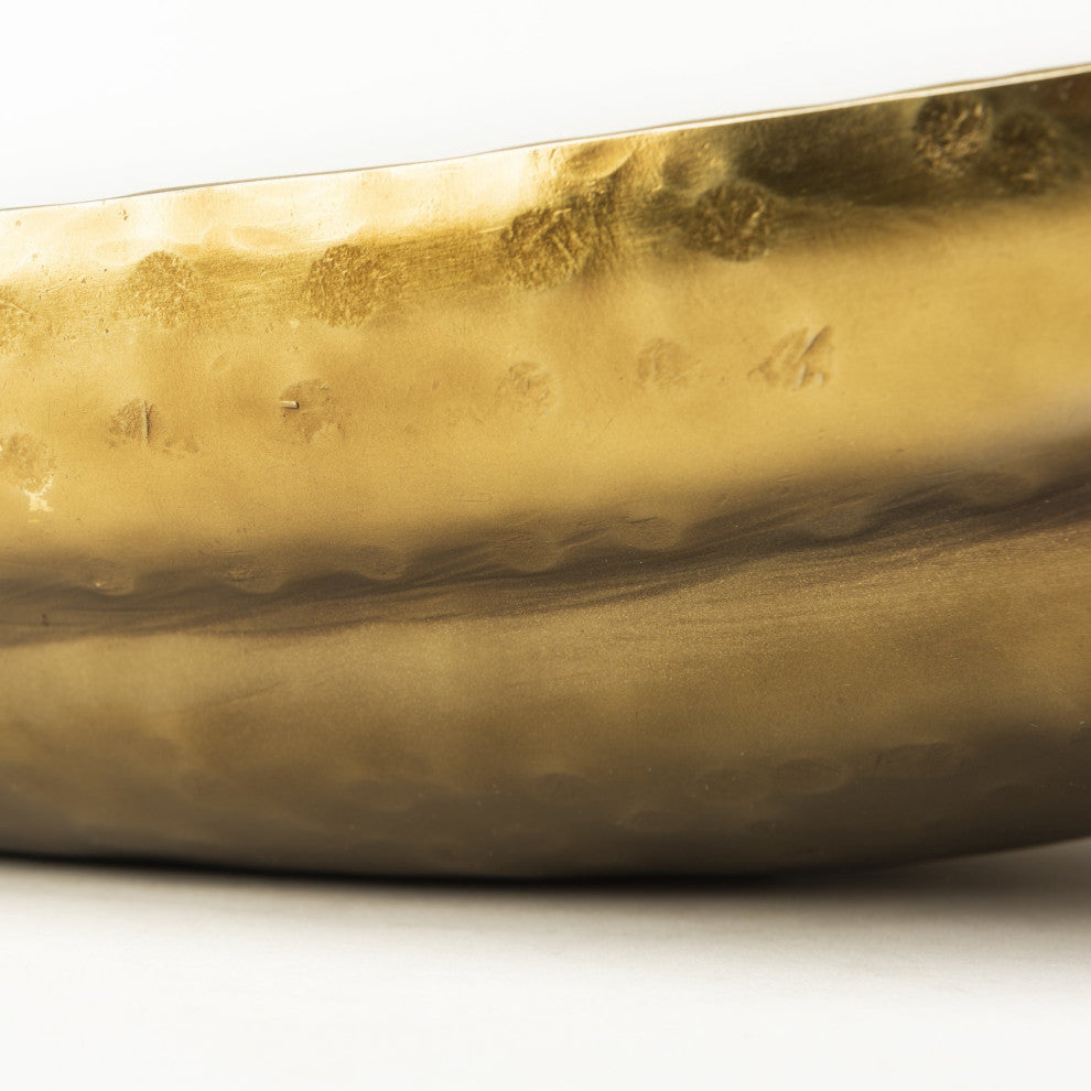 Set of Two Gold Boat Shaped Hammered Bowls