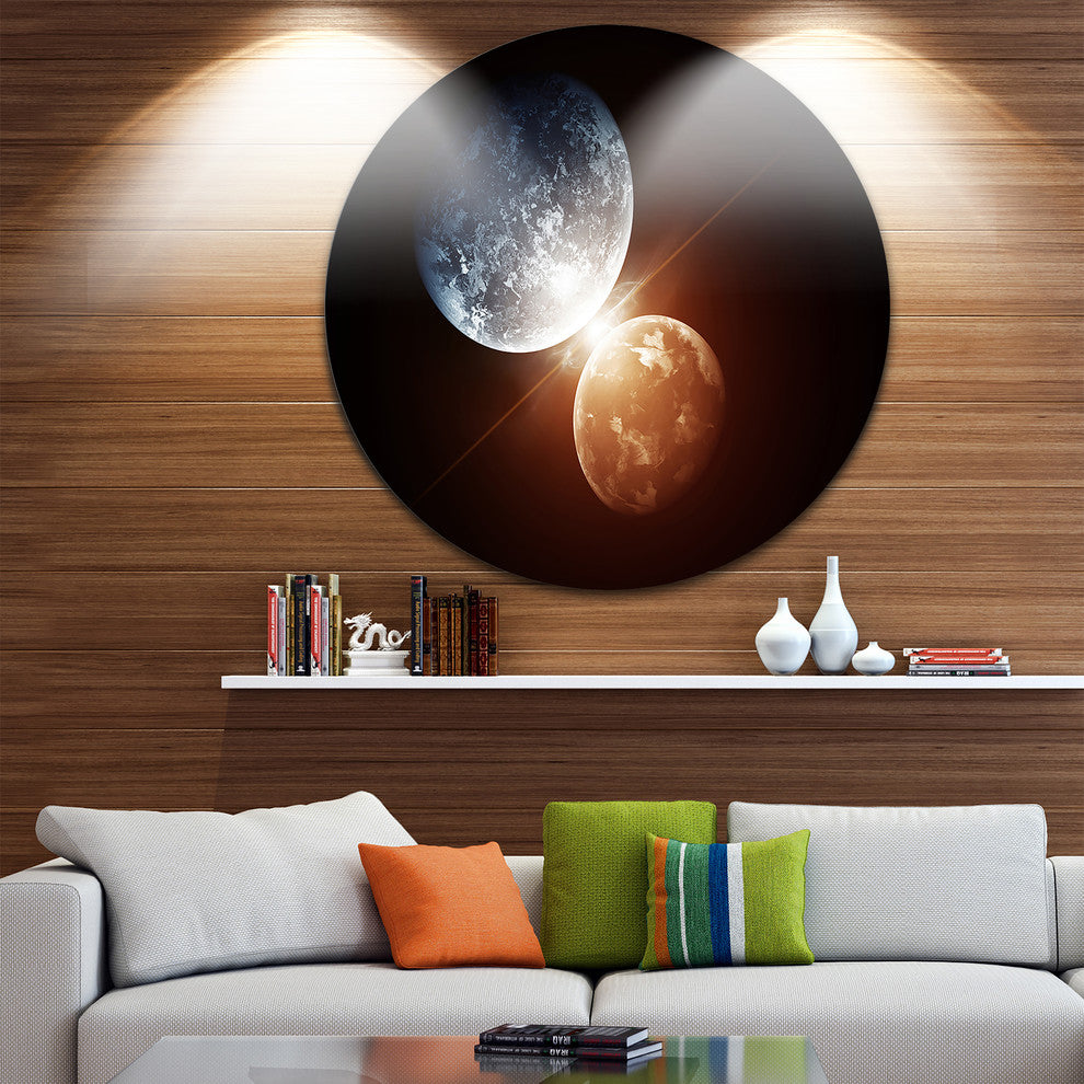 Kiss Between Two Planets, Modern Spacescape Round Metal Wall Art, 11"