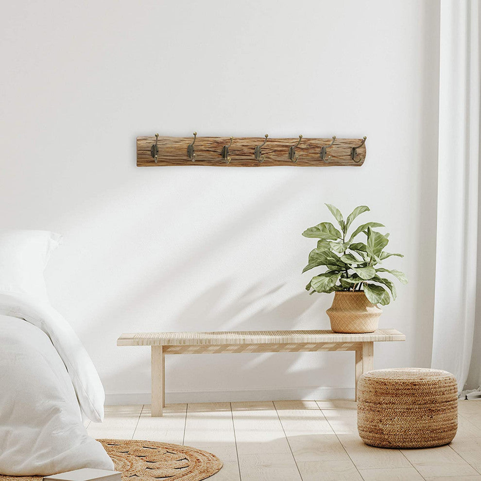 7 Hook Oak Plank Wall Rack, 29.5 Inches