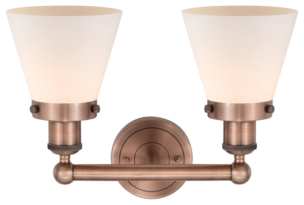 Edison Small Cone-2 Lt 16"Bath Vanity Lt-Antique Copper Finish-Matte White Shade