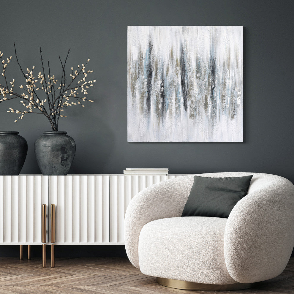 Silver Echoes Textured Hand Painted Canvas Wall Art with Silver Glitter and Leaf