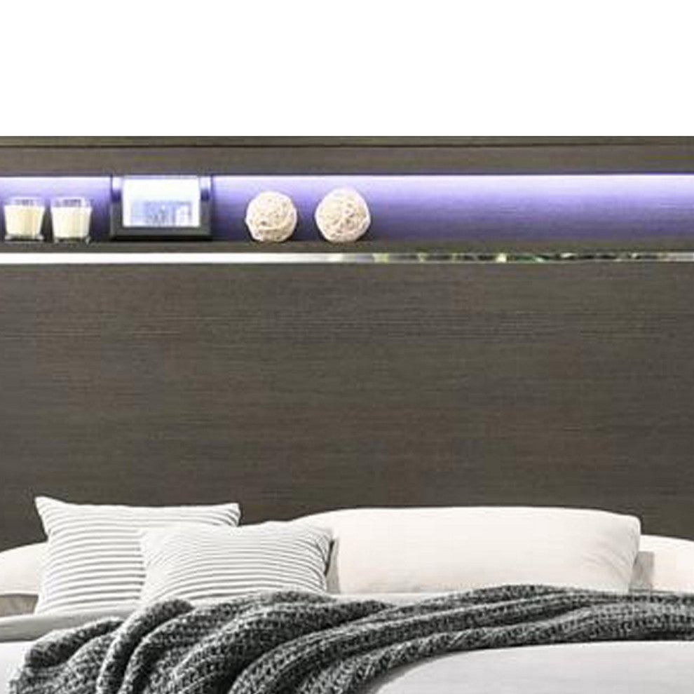 Benzara BM230684 Wooden Eastern King Bed With LED Storage Shelf, Gray