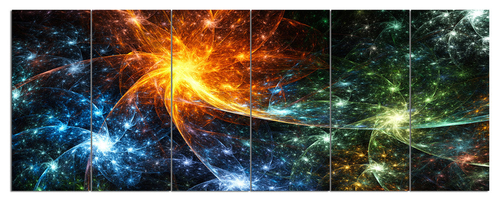 Colorful Fireworks with Stars, Abstract Canvas Art Print, 70"x28", 6 Panels
