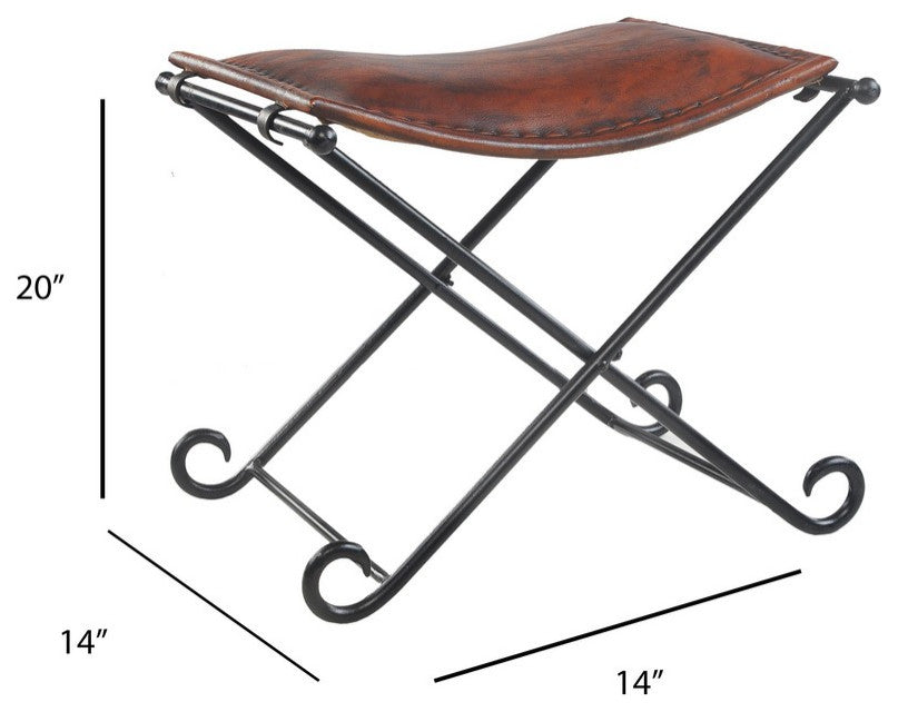 Brown Leather Industrial Accent Stool with Iron Legs