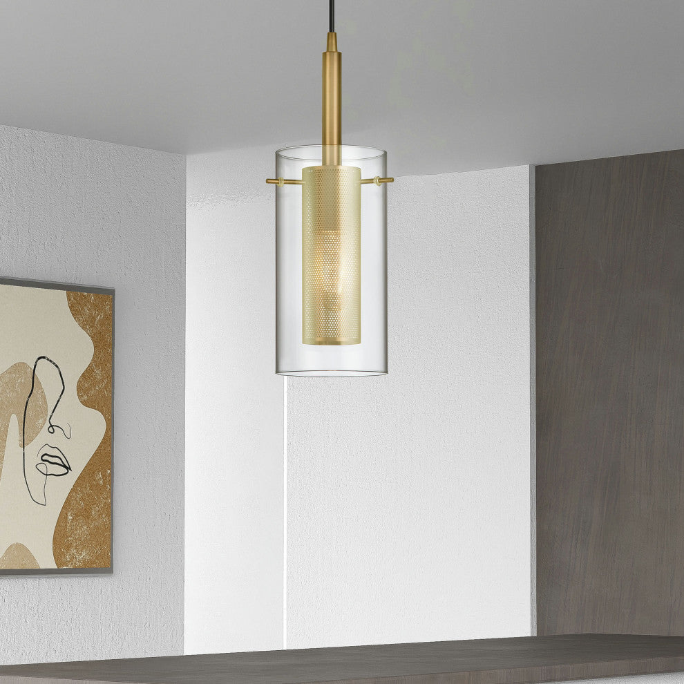 1 Light Incandescent Pendant, Aged Brass with Clear Glass