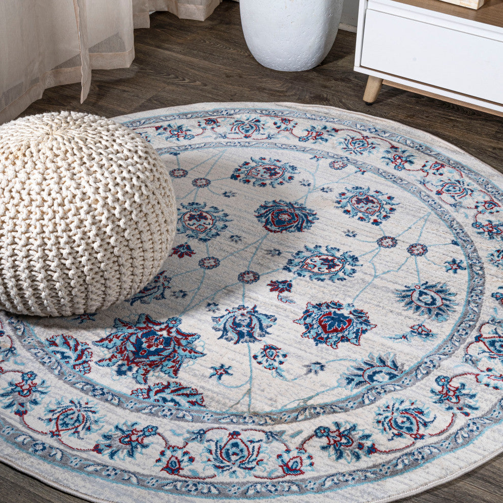 Modern Persian Moroccan Ivory/Blue/Red 6' Round Area Rug