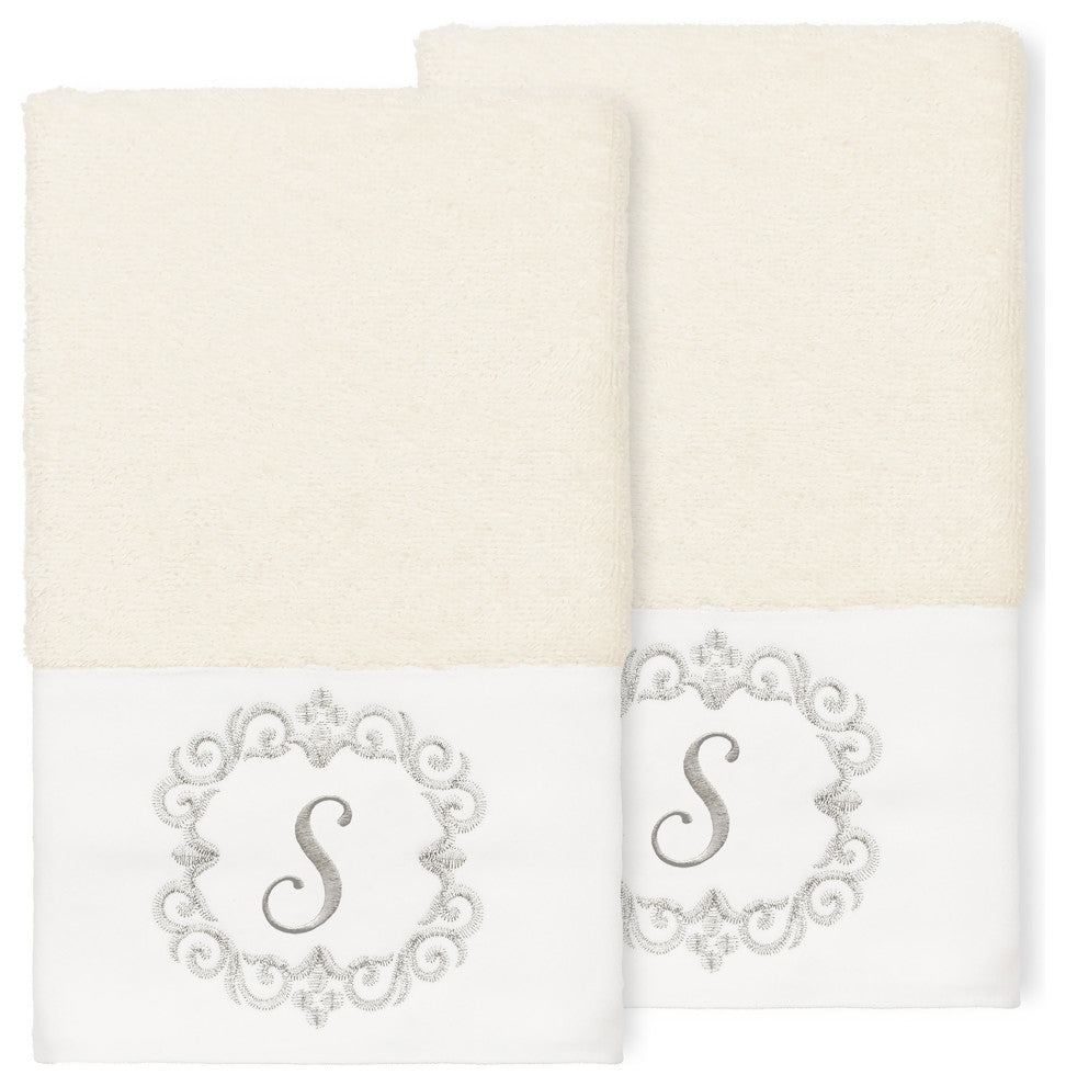 Linum Home Turkish Cotton Monica 2-Piece Embellished Hand Towel Set, Cream